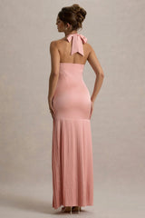 Sansa | Light Pink Satin Cross Halter-Neck Plisse Maxi Dress