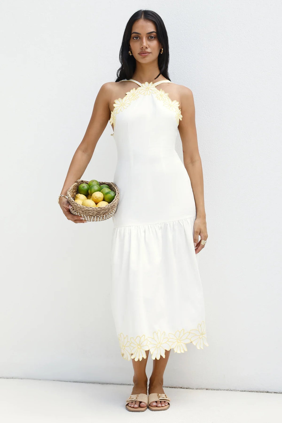 Golden Petals Midi Dress White