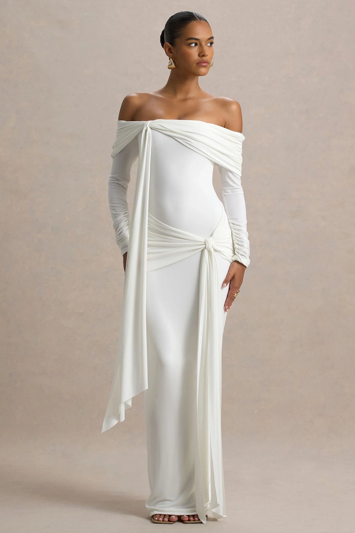 Jovie | White Bardot Wrap Maxi Dress With Sash Detail
