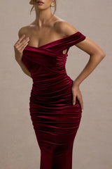 Apolline | Berry Velvet Off The Shoulder Ruched Fishtail Maxi Dress