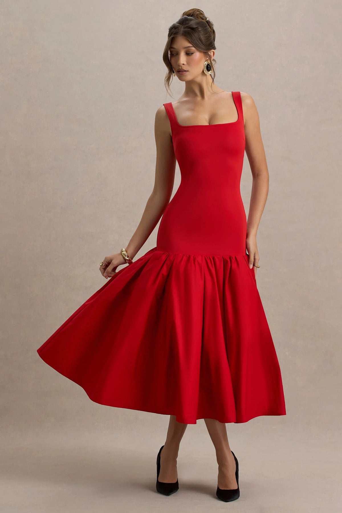 Parida | Red Poplin Drop-Waist Midi Dress With Peplum Hem