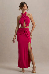 Aura | Hot Pink Halter-Neck Cut-Out Split Maxi Dress
