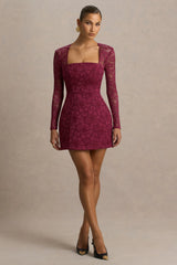 Bijou | Burgundy Square-Neck Lace Long-Sleeve Mini Dress