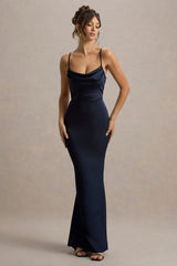 Gia | Navy Satin Cowl-Neck Maxi Dress