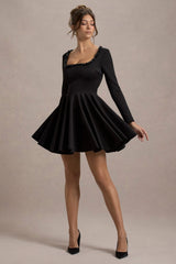 Wilder | Black Embellished Square-Neck Long-Sleeve Skater Mini Dress