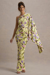 Clementina | Tulip Floral Print Asymmetric Cape Sleeve Maxi Dress