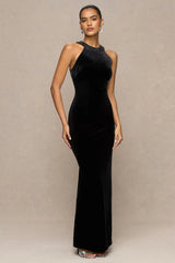 Darya | Black Velvet Embellished High-Neck Maxi Dress