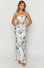 Willa White Satin Italia Print Maxi Dress