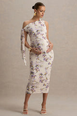 Katarine | Peach Floral Print Asymmetric Knot Maternity Midi Dress