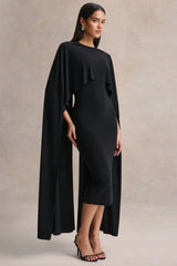 Kalani | Black Crew-Neck Midi Dress With Cape-Sleeves