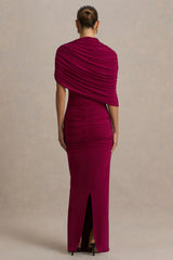 Glitz | Burgundy High-Neck Maxi Dress With Cape Sleeve and Ruched Detailing