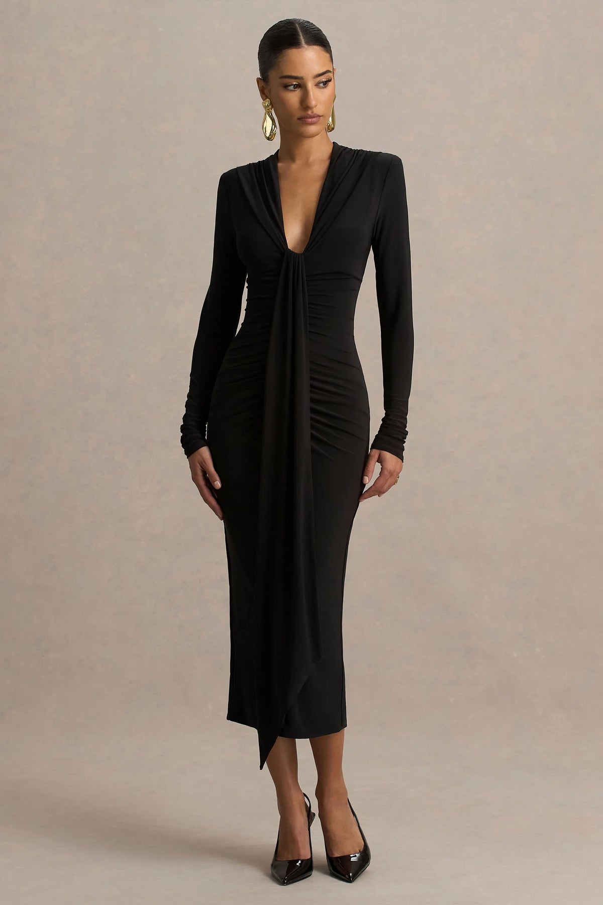 Ivara | Black Plunge-Neck Midi Dress With Ruched Detailing And Sash