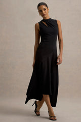 Francesca | Black Knotted Midi Dress With Handkerchief Hem