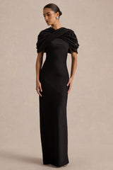 Yoli | Black Satin Maxi Dress With Removable Twist-Cape