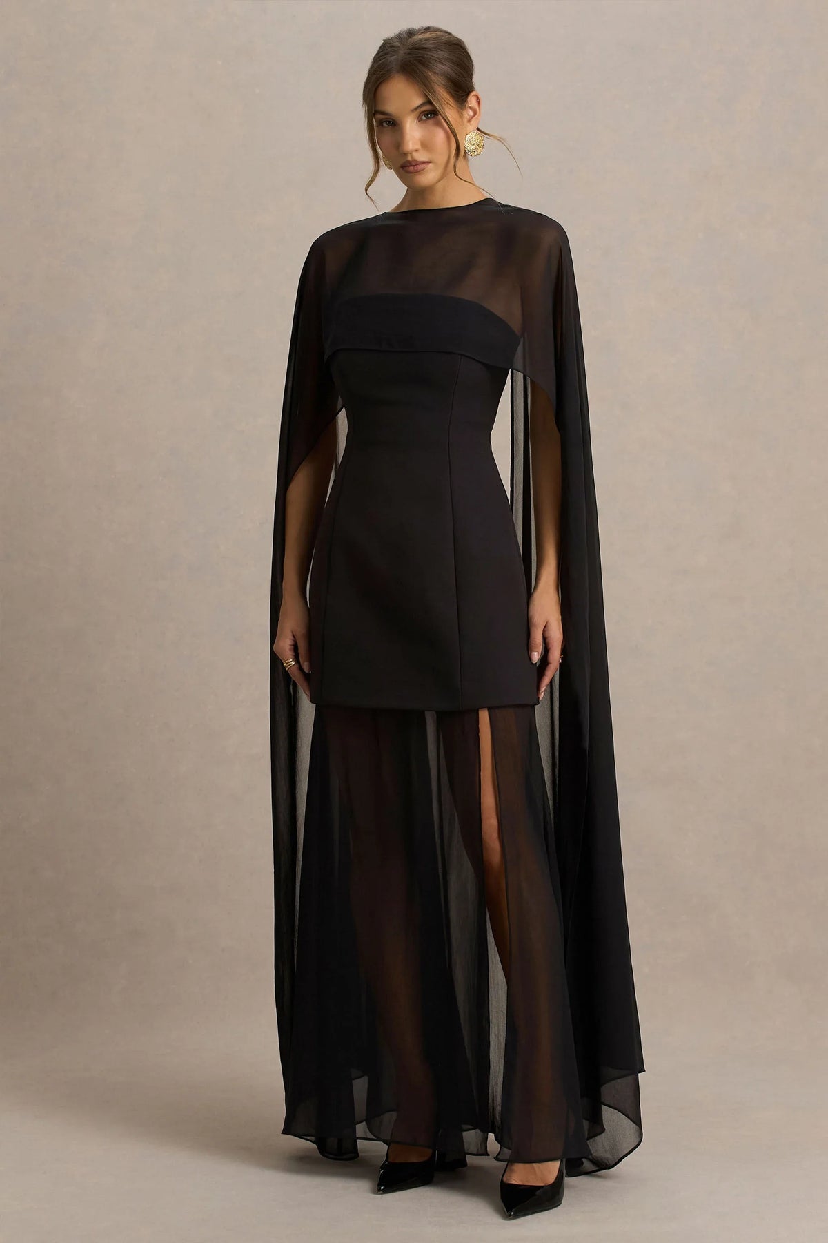 Chessa | Black Slashed-Neck Maxi Dress With Sheer Cape