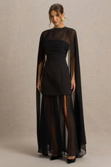 Chessa | Black Slashed-Neck Maxi Dress With Sheer Cape