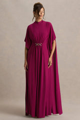 Olessia | Burgundy Belted Gathered Cape-Sleeve Maxi Dress