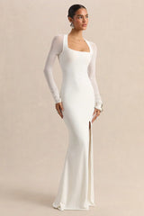 Fleurisia | White Square-Neck Maxi Dress With Mesh Long-Sleeves