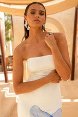 Ceremony | Soft Blue Placement Floral Print Bandeau Fishtail Maxi Dress