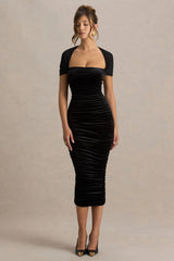 Chrissy | Black Velvet Square-Neck Midi Dress With Mesh-Sleeves And Ruched Detailing