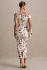 Katarine | Peach Floral Print Asymmetric Knot Maternity Midi Dress