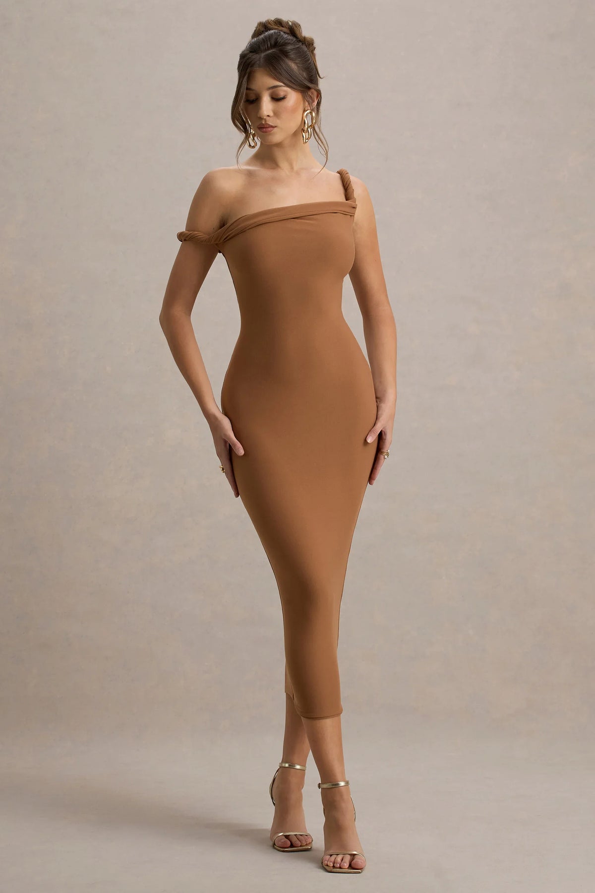 Salome | Brown Twisted Asymmetric Midi Dress