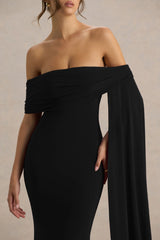 Saffina | Black Bardot-Neck Maxi Dress With Sash Detail