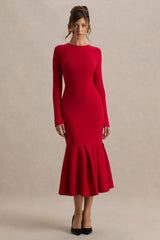 Liberty | Red High Neck Mermaid Midi Dress With Ruffling Detail