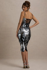 Azure | Silver Sequin Strappy Midi Dress