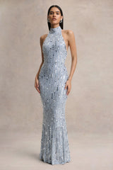 Zaira | Silver Sequin High-Neck Maxi Dress With Open-Back