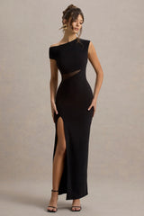 Emily | Black Asymmetric Split Maxi Dress With Mesh Detailing