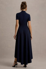 Bellona | Navy High-Neck High-Low Midi Dress