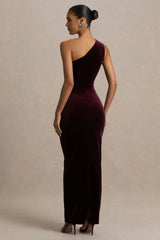 Treat | Burgundy Velvet Asymmetric-Neck Maxi Dress With Ruched Detailing.