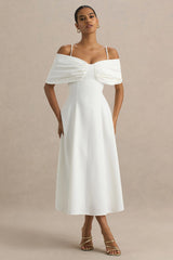 Hettie | White Short-Sleeve Bardot Midi Dress With Bow Detail