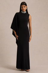 Oriana | Black Embellished High-Neck Maxi Dress With One-Cape Sleeve