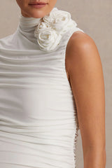 Shellie | White High-Neck Maternity Midi Dress With Corsage Detail