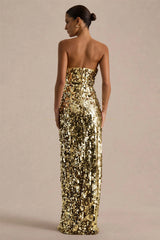 Nerea | Gold Sequin Bandeau Maxi Dress With Front High-Split
