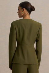 Rosalina | Olive Extreme-Plunge Neck Tailored Blazer