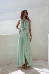 Floating Clouds Halter Mesh Maxi Dress Sage