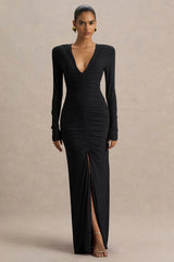 Jewel | Black Plunge-Neck Maxi Dress With Front Split and Ruched Detailing