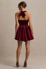 Mirage | Burgundy Velvet Halter-Neck Mini Dress With Skater-Skirt