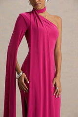 Amal | Hot Pink Asymmetric-Neck Maxi Dress With Scarf and Cape Detail
