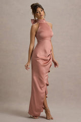 Maureen | Pink Satin High-Neck Draped Maxi Dress