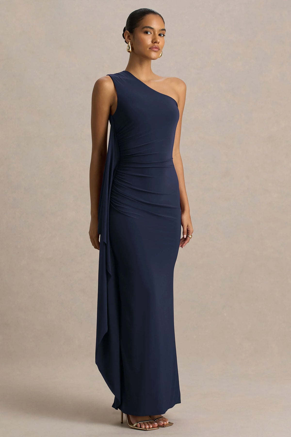 Adelina | Navy One-Shoulder Maxi Dress With Drape