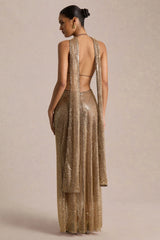 Anele | Gold Sequin High-Neck Sheer Maxi Dress With Sash And Open-Back