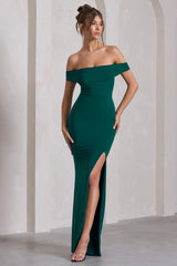 Law of Attraction | Bottle Green Bardot Draped Split Maxi Dress