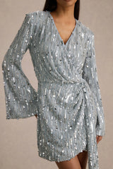 Carmina | Silver Sequin Plunge-Neck Wrap Mini Dress With Sash Detail