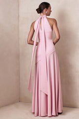 Luscious | Light Pink High-Neck Maxi Dress With Drop-Waist And Bow Detail