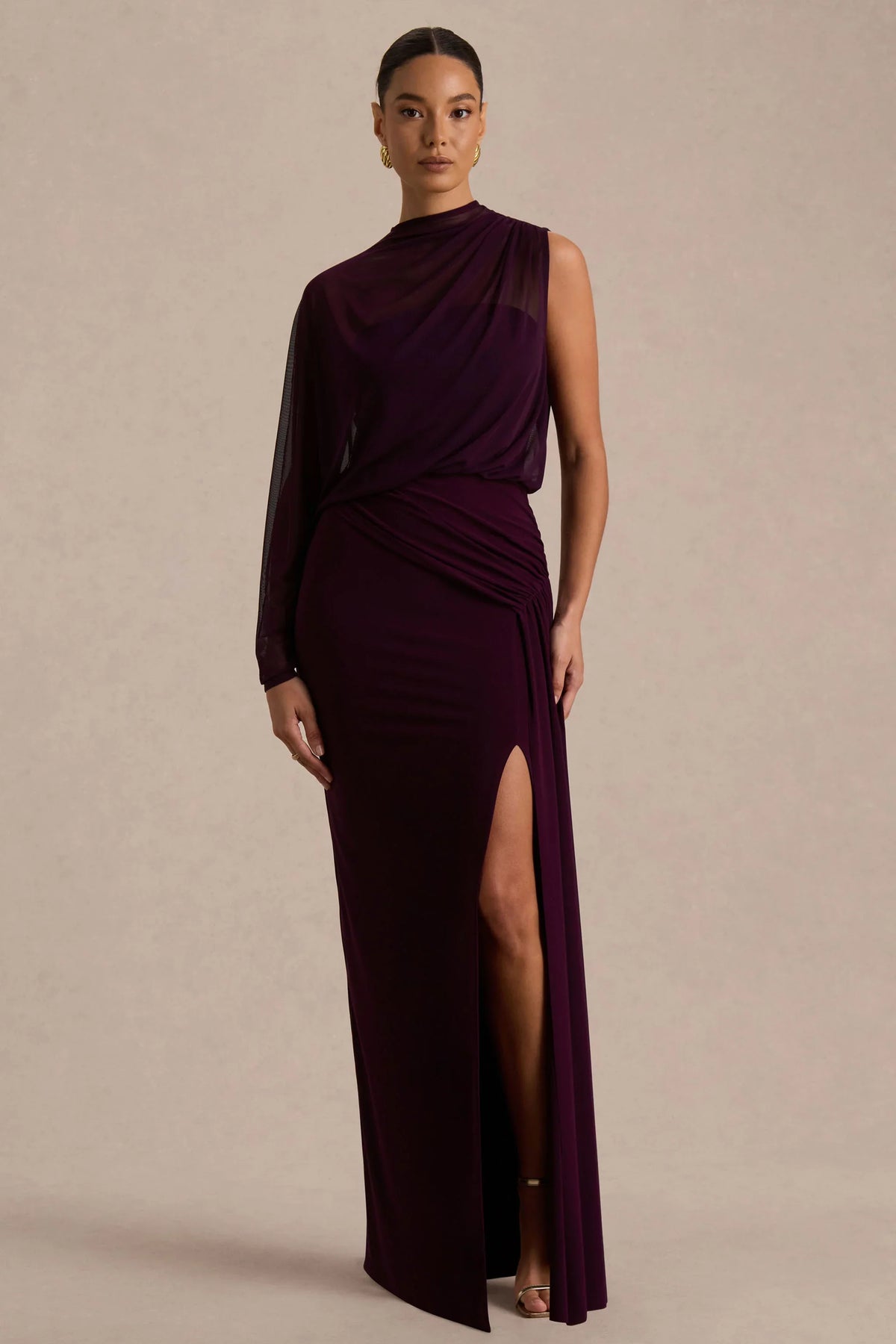 Aurelia | Dark Plum High-Neck Wrapped Maxi Dress With One-Cape Sleeve