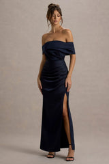 Martine | Navy Satin Bardot Wrap Maxi Dress